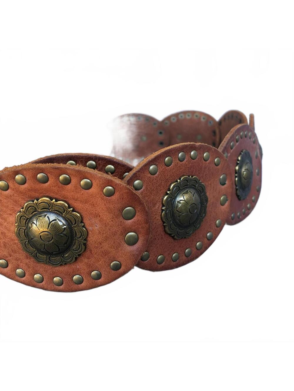 Vintage Fossil Brown Leather Concho Belt Western Cowgirl Boho Chic Southwestern - Picture 3 of 8